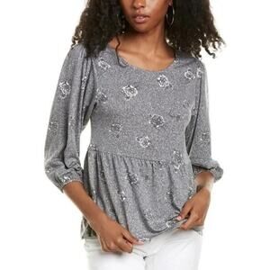 Bobeau Boho Blouse Large Whisper White Black NEW Babydoll Top Peplum 3/4 Sleeve